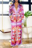 Red Vintage Print Patchwork V Neck Straight Jumpsuits