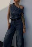 Blue Casual Solid Patchwork Asymmetrical Sleeveless Two Pieces