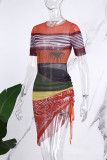 Brown Casual Print Hollowed Out Asymmetrical O Neck Short Sleeve Dress