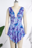 Blue Casual Print Fold V Neck Sleeveless Dress Dresses