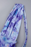Blue Casual Print Fold V Neck Sleeveless Dress Dresses
