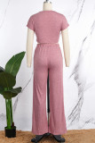 Pink Casual Solid Basic O Neck Short Sleeve Two Pieces