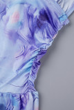 Blue Casual Print Fold V Neck Sleeveless Dress Dresses