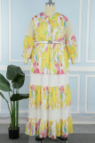 Yellow Elegant Print Patchwork With Belt O Neck Cake Skirt Dresses