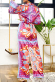Red Vintage Print Patchwork V Neck Straight Jumpsuits