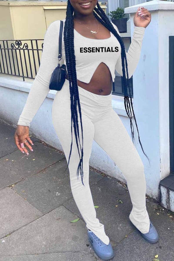 White Casual Street Print Letter U Neck Long Sleeve Two Pieces