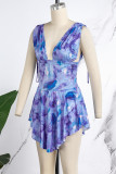 Blue Casual Print Fold V Neck Sleeveless Dress Dresses