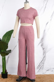 Pink Casual Solid Basic O Neck Short Sleeve Two Pieces