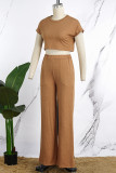Pink Casual Solid Basic O Neck Short Sleeve Two Pieces