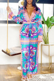 Red Vintage Print Patchwork V Neck Straight Jumpsuits