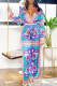 Green Vintage Print Patchwork V Neck Straight Jumpsuits