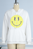 White Casual Daily Print Draw String Hooded Collar Tops