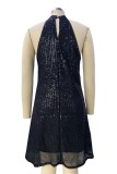 Fuchsia Sexy Patchwork Sequins Backless Halter Sleeveless Dress Dresses