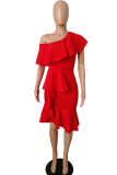 Red Fashion Wrapped Chest Lotus Leaf Collar Irregular Dress
