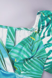 Green Sexy Elegant Striped Patchwork Printing Zipper Asymmetrical Collar Short Sleeve Two Pieces