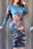 Red Casual Print Backless O Neck Long Sleeve Dresses