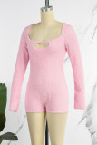 Pink Casual Solid Hollowed Out O Neck Skinny Romper