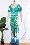 Green Sexy Elegant Striped Patchwork Printing Zipper Asymmetrical Collar Short Sleeve Two Pieces