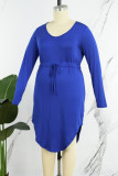 Blue Casual Solid Basic U Neck Long Sleeve Plus Size Dresses