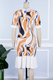 Multicolor Casual Print Patchwork Turndown Collar Short Sleeve Dress