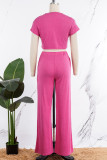Pink Casual Solid Basic O Neck Short Sleeve Two Pieces