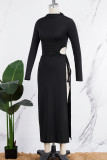White Sexy Elegant Solid Hollowed Out Patchwork Draw String Asymmetrical O Neck Long Sleeve Dresses