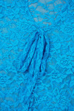 Blue Casual Solid See-through V Neck Skinny Jumpsuits