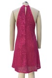 Fuchsia Sexy Patchwork Sequins Backless Halter Sleeveless Dress Dresses