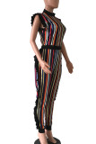 Yellow Sexy Striped Patchwork Contrast Zipper Stringy Selvedge O Neck Plus Size Jumpsuits