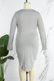 Grey Casual Solid Basic U Neck Long Sleeve Plus Size Dresses