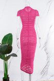 Rose Red Elegant Solid Patchwork See-through Fold Half A Turtleneck Wrapped Skirt Dresses