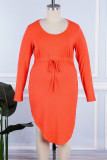 Orange Casual Solid Basic U Neck Long Sleeve Plus Size Dresses