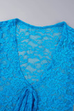 Blue Casual Solid See-through V Neck Skinny Jumpsuits