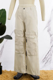 Khaki Casual Solid Patchwork Straight Low Waist Conventional Solid Color Trousers