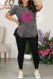 Dark Gray Street Print Letter O Neck Short Sleeve Two Pieces