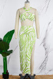 Green Yellow Sexy Print Backless Slit Spaghetti Strap Sleeveless Two Pieces