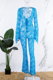 Blue Casual Solid See-through V Neck Skinny Jumpsuits