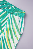 Green Sexy Elegant Striped Patchwork Printing Zipper Asymmetrical Collar Short Sleeve Two Pieces