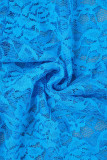 Blue Casual Solid See-through V Neck Skinny Jumpsuits