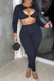 Black Sexy Casual Solid Hollowed Out O Neck Long Sleeve Two Pieces