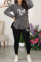 Black Street Print Letter O Neck Long Sleeve Two Pieces