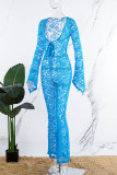 Blue Casual Solid See-through V Neck Skinny Jumpsuits