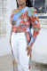 Multicolor Casual Floral Patchwork Fold Oblique Collar Tops(Without Bottoms )