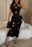 White Sexy Solid Hollowed Out Backless Halter Long Dress Dresses