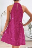 Fuchsia Sexy Patchwork Sequins Backless Halter Sleeveless Dress Dresses