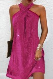 Fuchsia Sexy Patchwork Sequins Backless Halter Sleeveless Dress Dresses