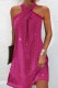 Fuchsia Sexy Patchwork Sequins Backless Halter Sleeveless Dress Dresses