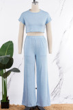 Pink Casual Solid Basic O Neck Short Sleeve Two Pieces