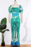 Green Sexy Elegant Striped Patchwork Printing Zipper Asymmetrical Collar Short Sleeve Two Pieces
