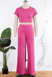 Pink Casual Solid Basic O Neck Short Sleeve Two Pieces